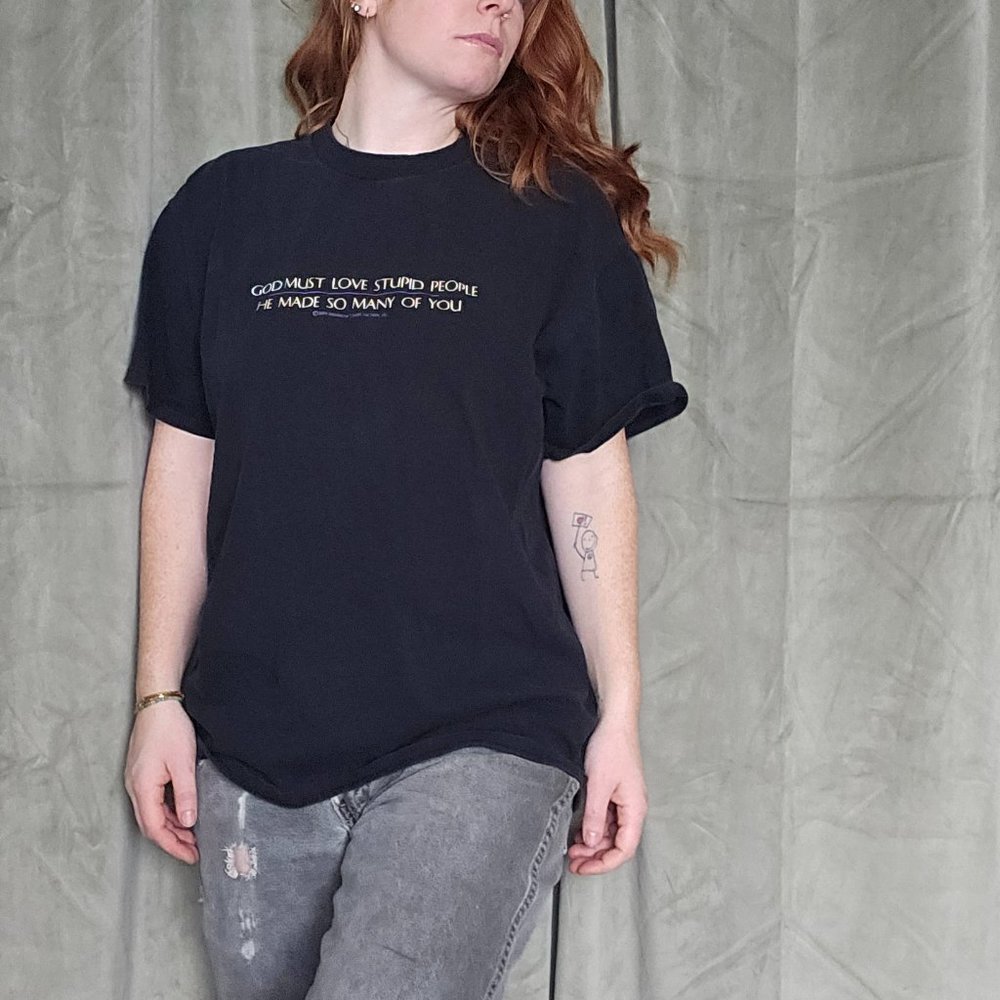 Blokecore Dadcore Grunge Alt Indie Ironic God Loves Stupid People Black Tshirt